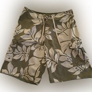 Quiksilver board shorts 10” inseam Hawaiian floral print - khaki green/tan